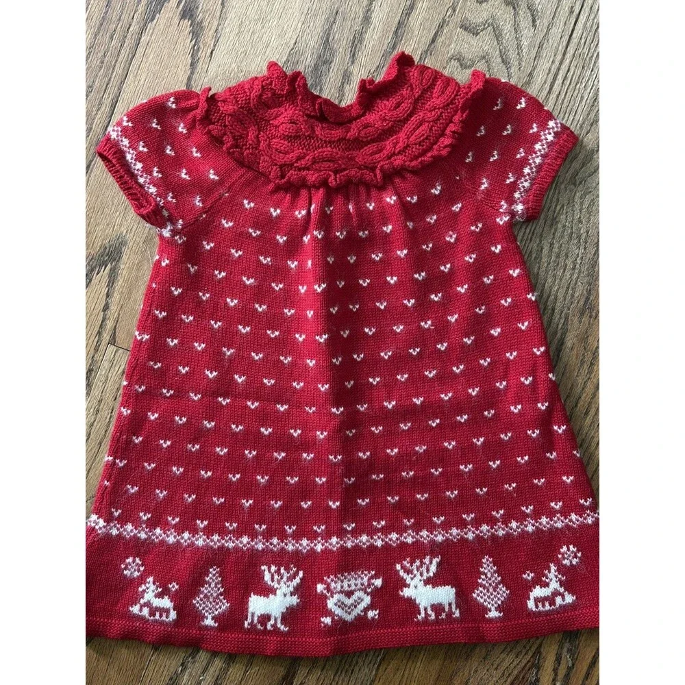 Ralph Lauren Dress Size 18 mo. Baby Red White Reindeer Holidays Christmas Knit
